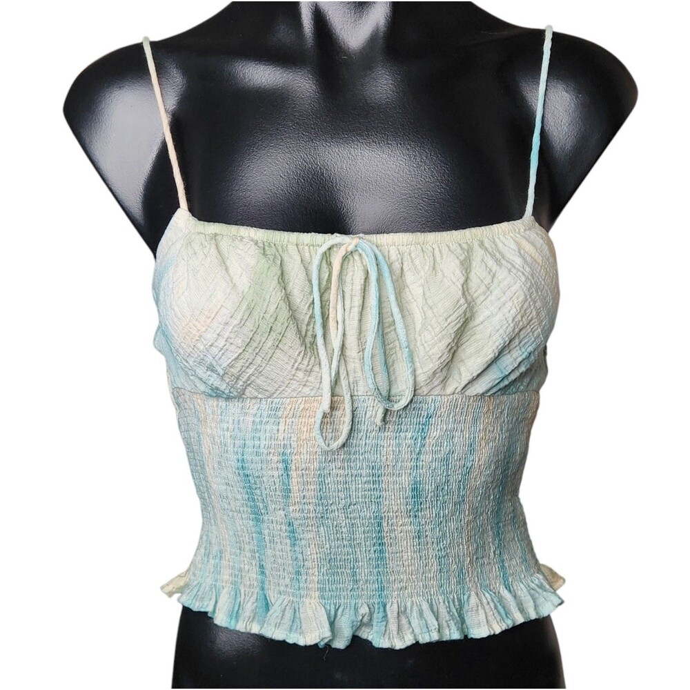 Zara Top Womens Small Shirred Pastel Tie Dye Smocked Ruffled Hem Made in Turkey
